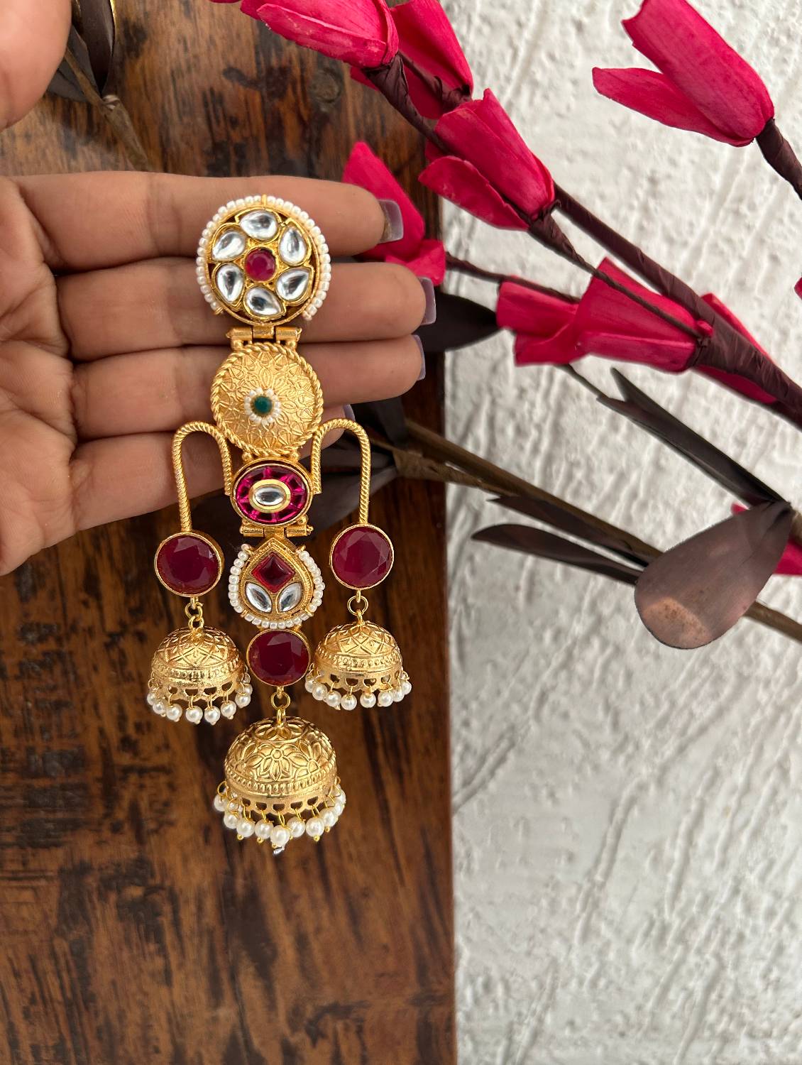 Haniya Gold Kashmiri Jhumka Ruby