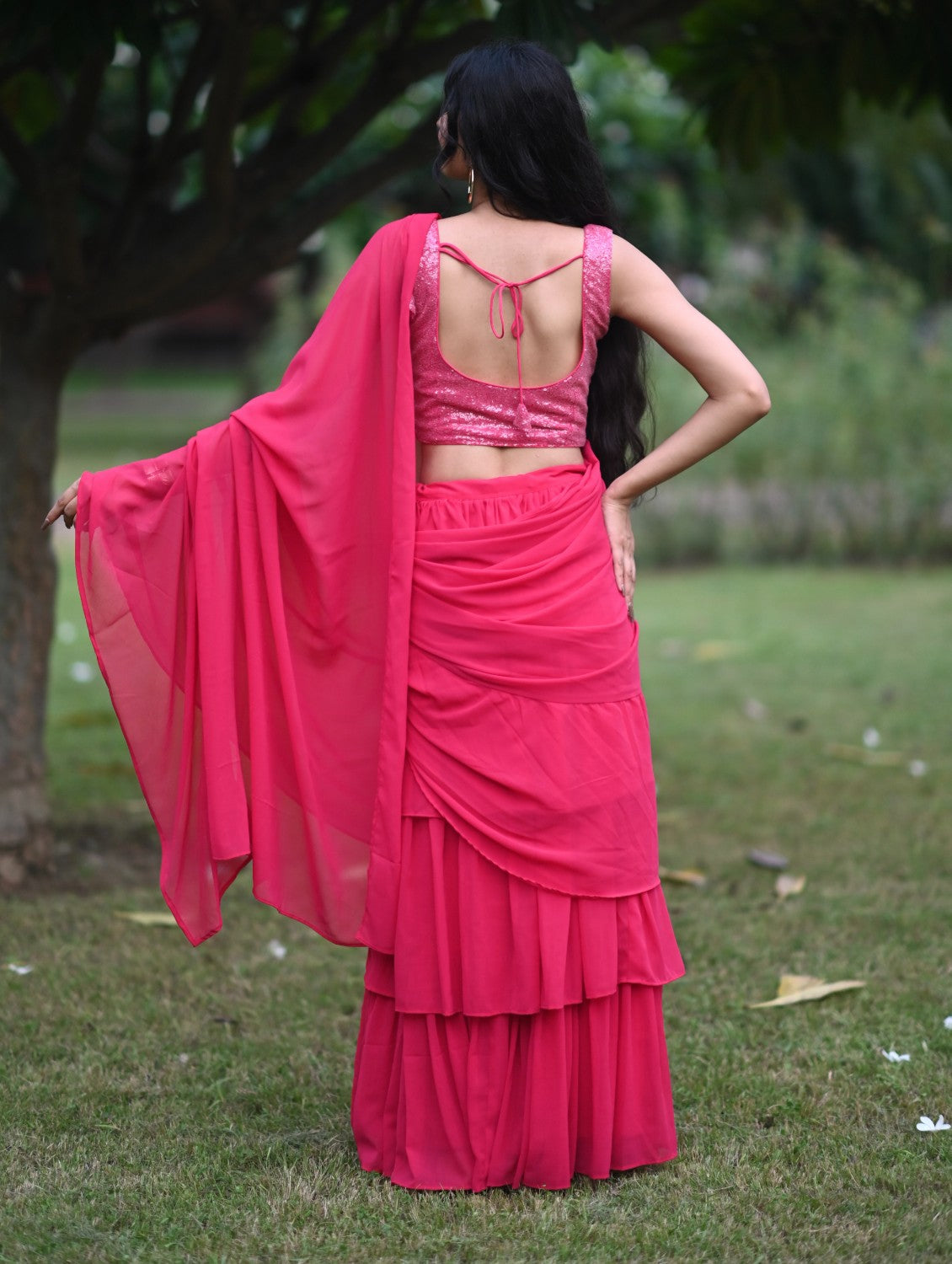 Pink Georgette Pre Draped Saree by Dorie