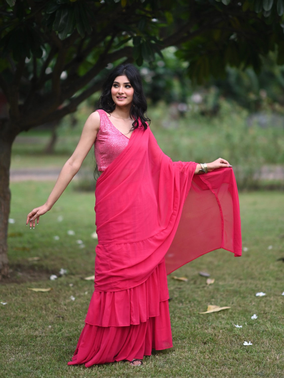 Pink Georgette Pre Draped Saree by Dorie