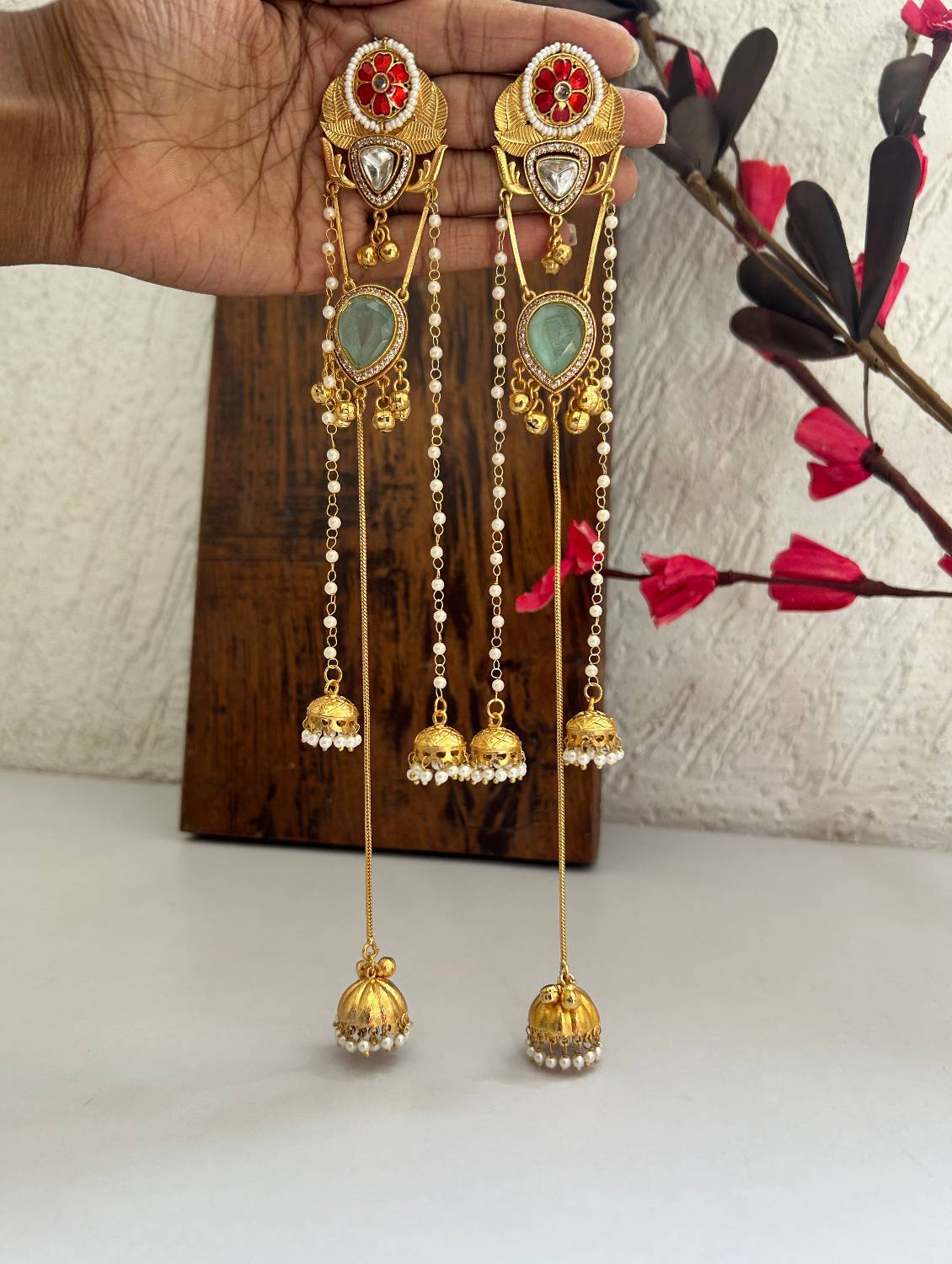 Inaaya Drop Earrings Pastel Green and Red