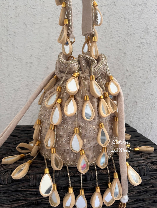 Mirror Tassel Potli Ivory