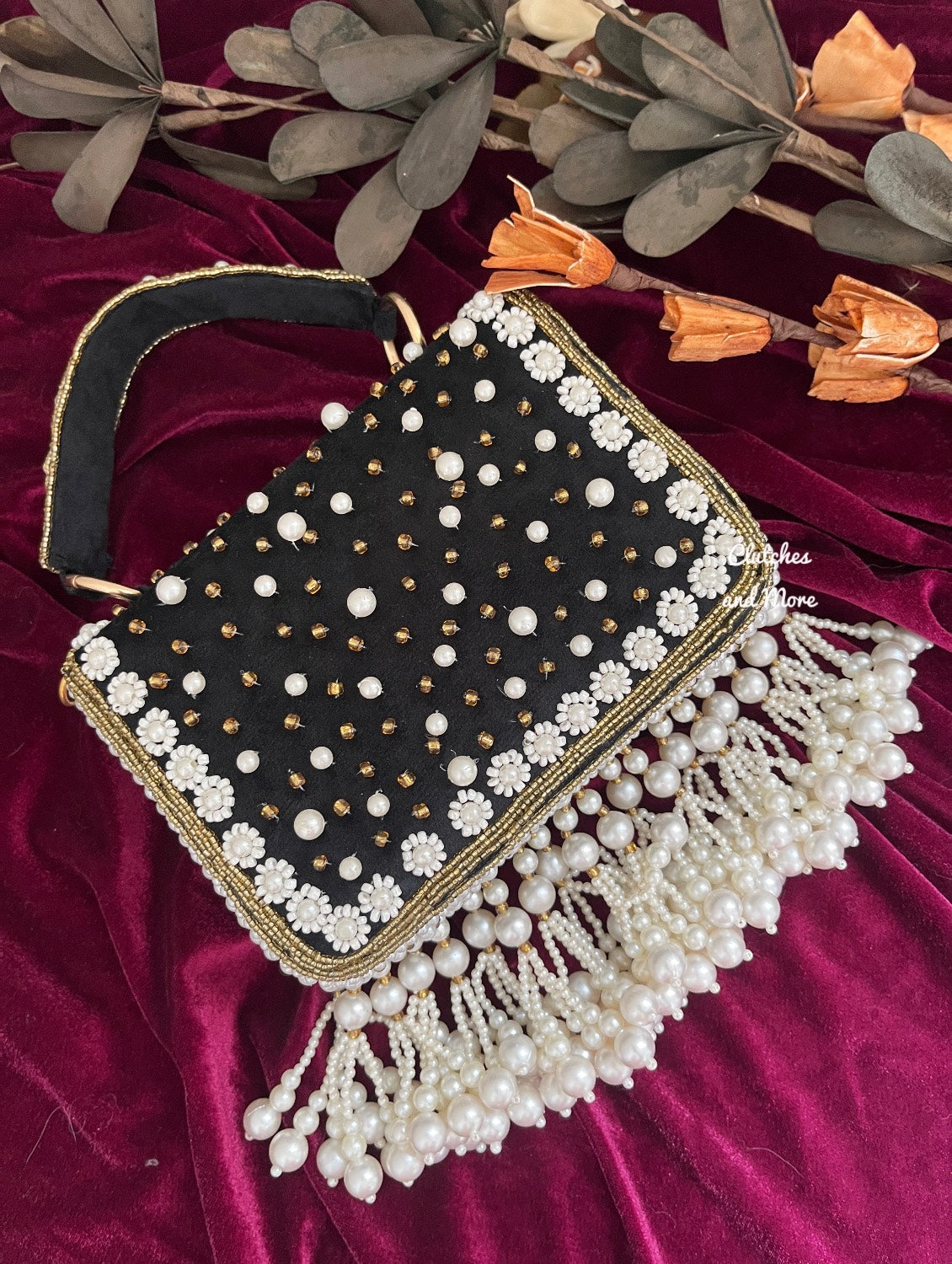 Premium Pearl Tassel Flap Bag Black