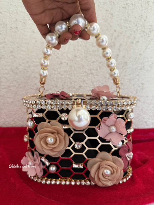 Floral Cage Bucket Bag Black
