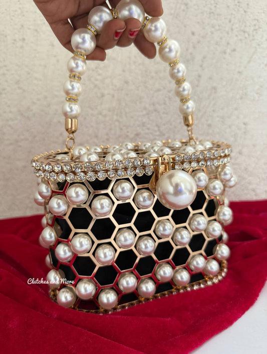Cage Pearl Bucket Bag (Black)
