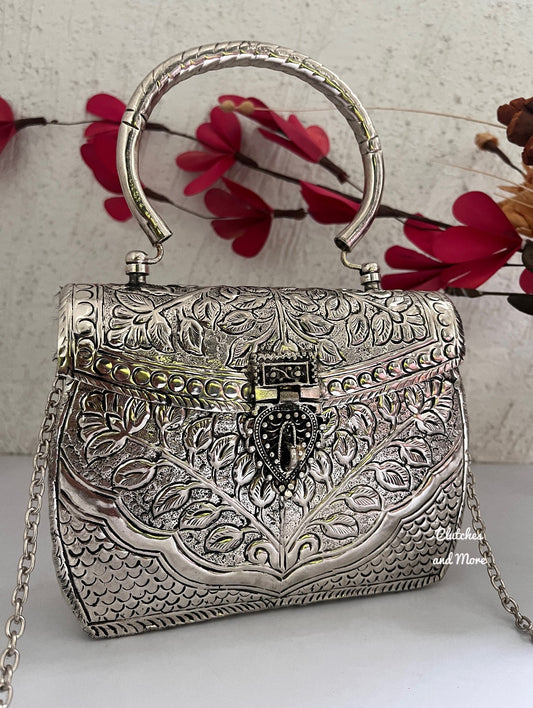 Silver Brass Clutch with hand and Chain