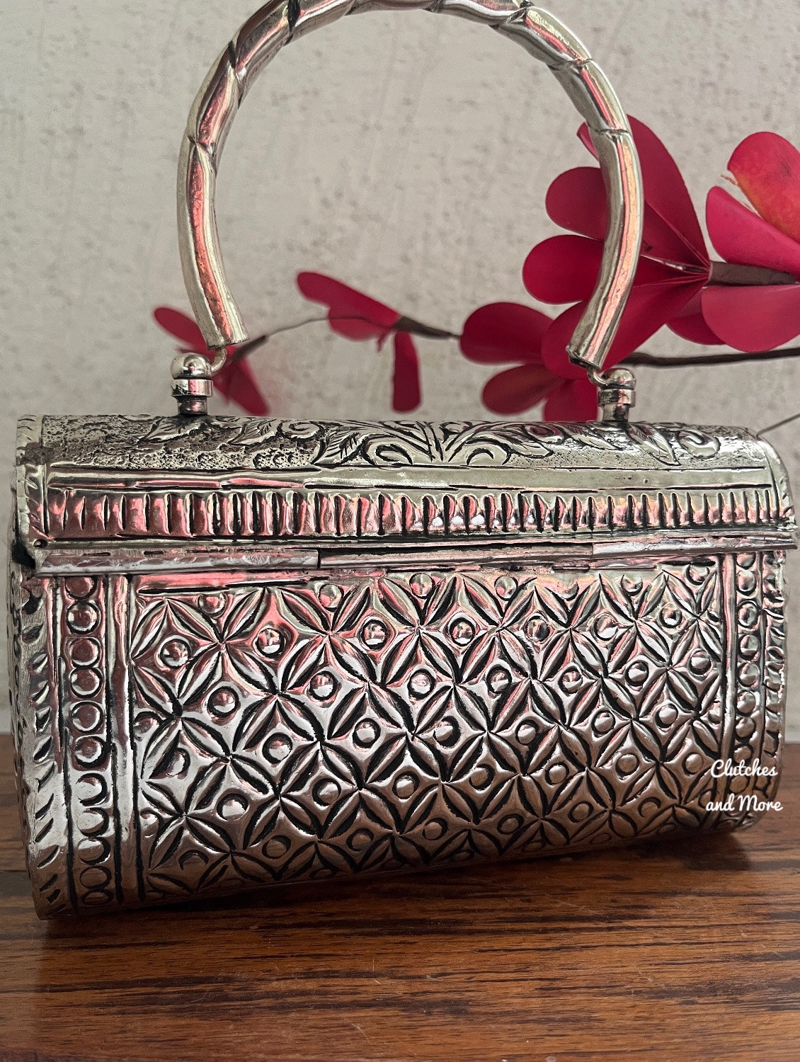 Rectangle Silver Brass Clutch With Handle