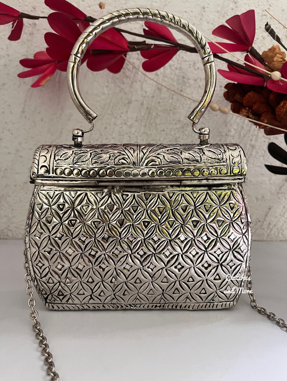 Silver Brass Clutch with hand and Chain