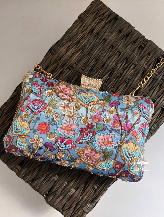 Floral Printed Blue Sling Clutch