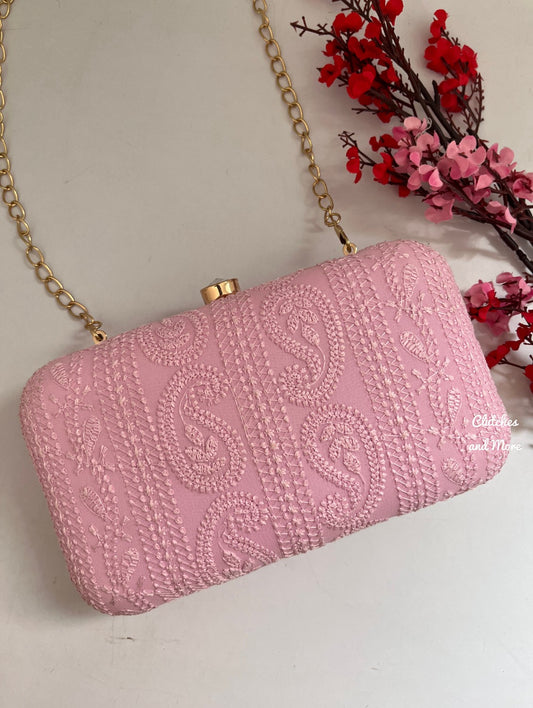 Chikankari Pink clutch