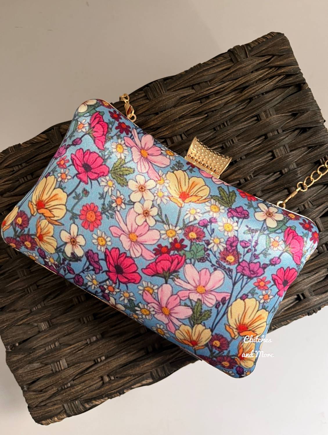 Floral Printed Blue Sling Clutch