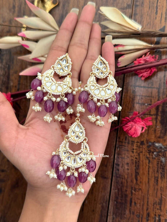 Kundan Chanbali Earrings and Mangtika Set Deep Lavender
