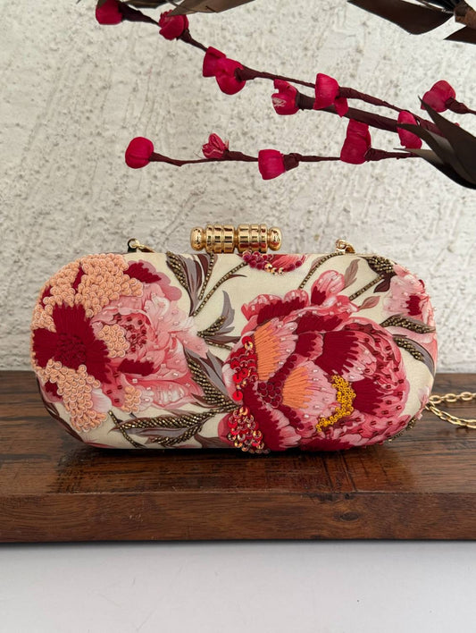 Poppy Floral Capsule Clutch Ivory Base