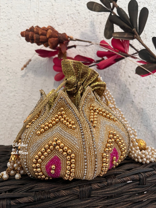 Gold Beaded lotus potli