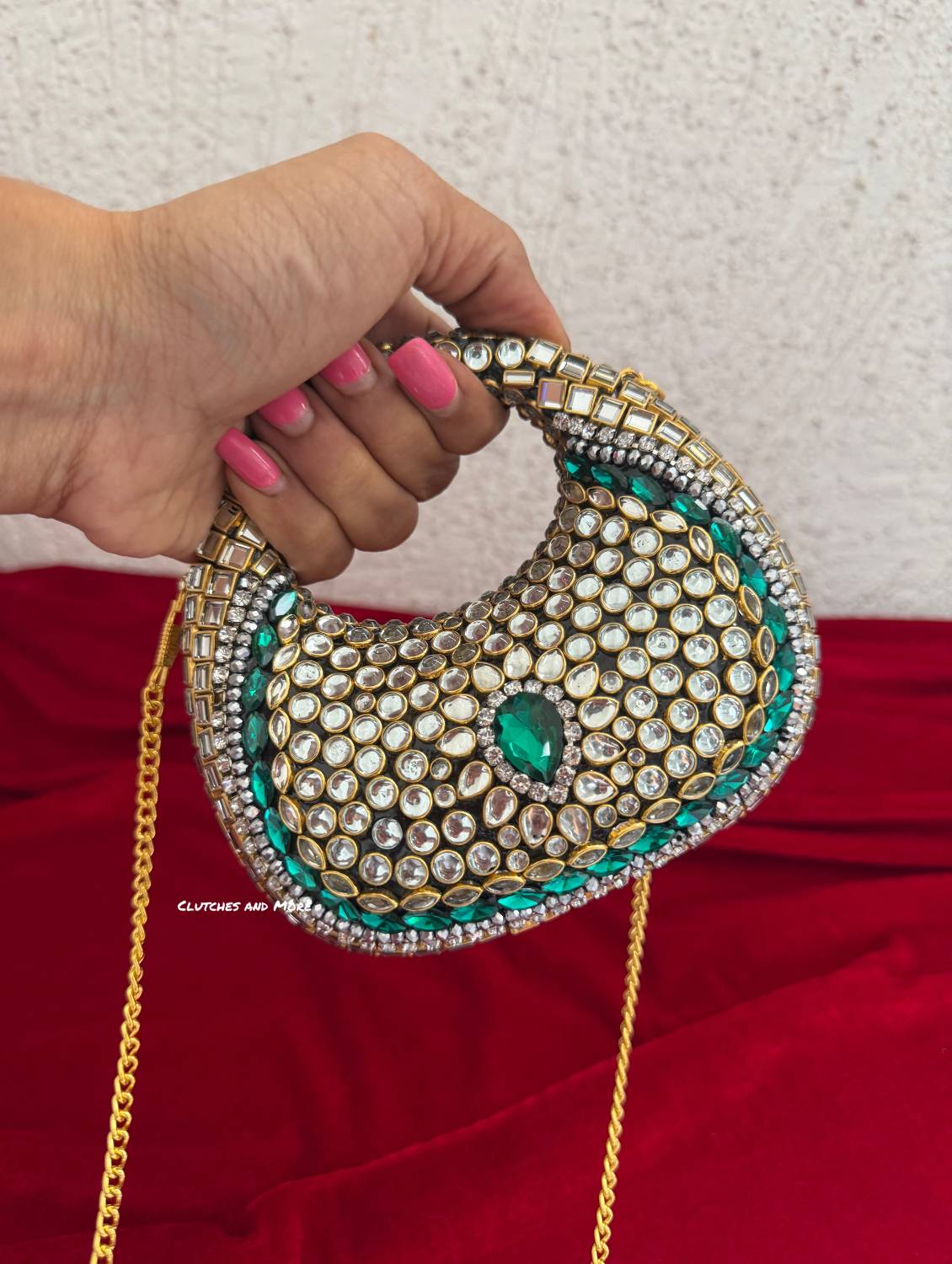 Kiana Kundan Clutch Mini Green Gold