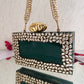 Kundan Green Resin clutch with Pearl Handle