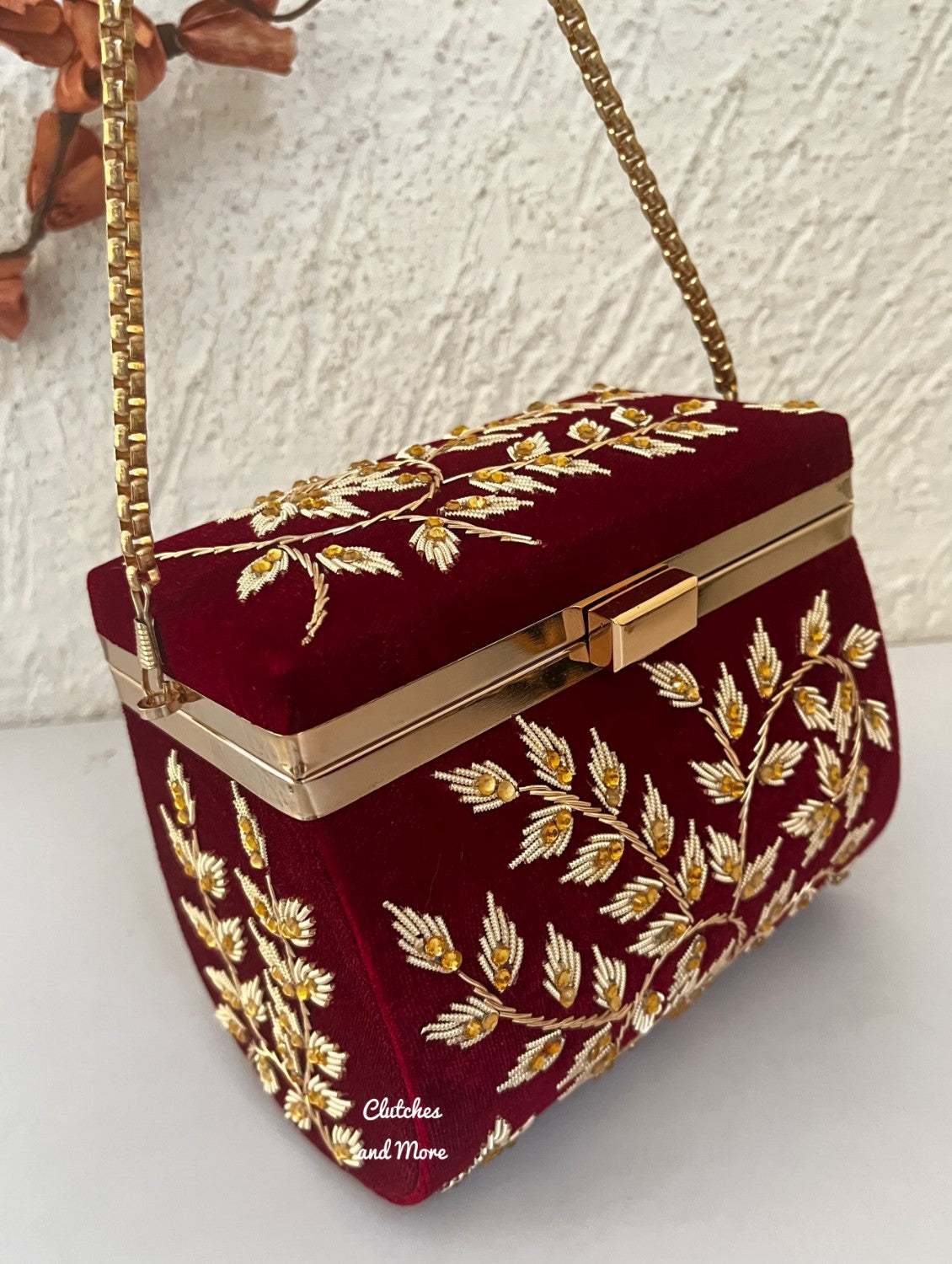 Leaf Sketch Maroon Box Clutch