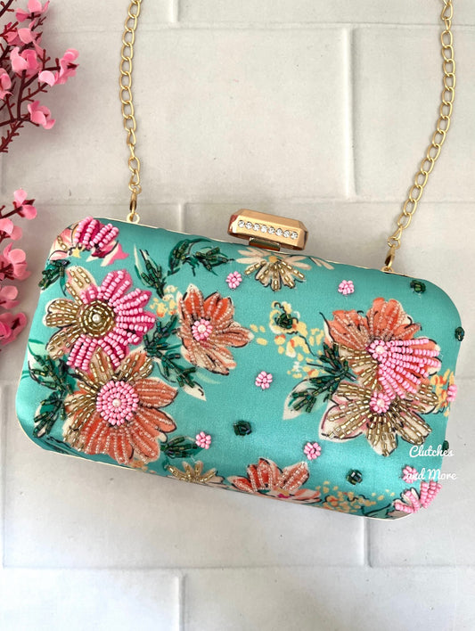 Turquoise Green Flower Pop Clutch