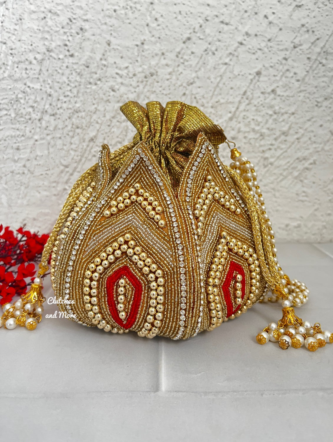 Gold Beaded lotus potli