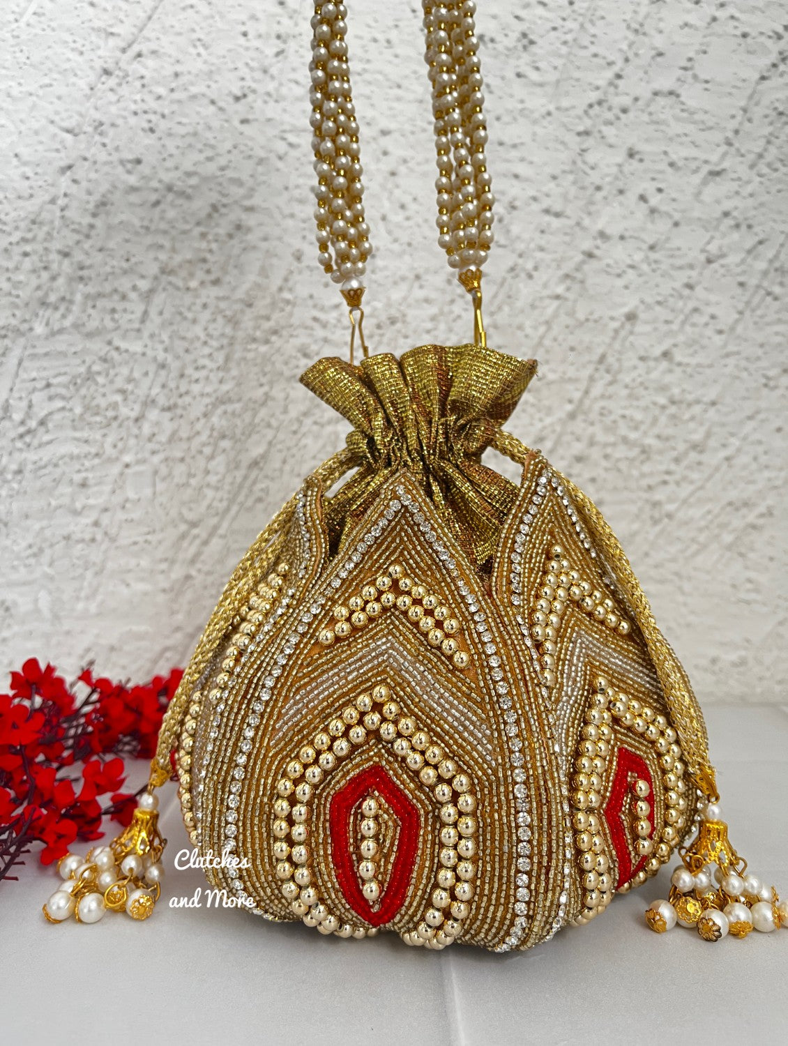 Gold Beaded lotus potli