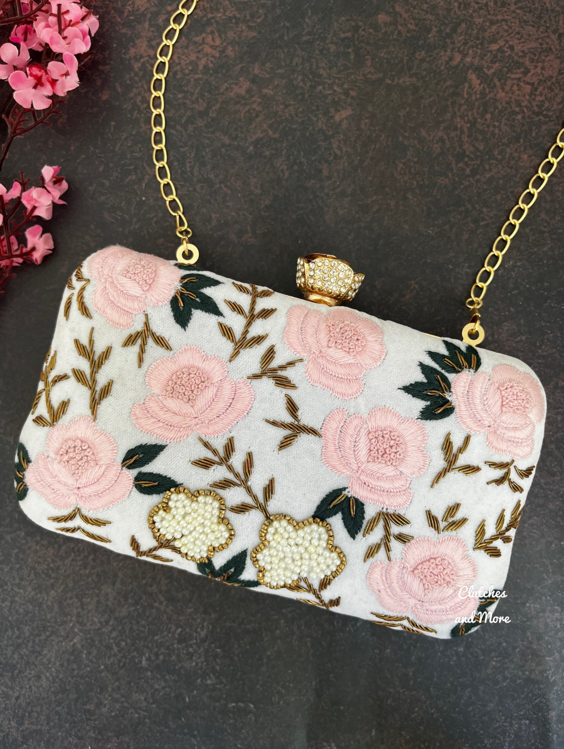 Pink Roses White Clutch