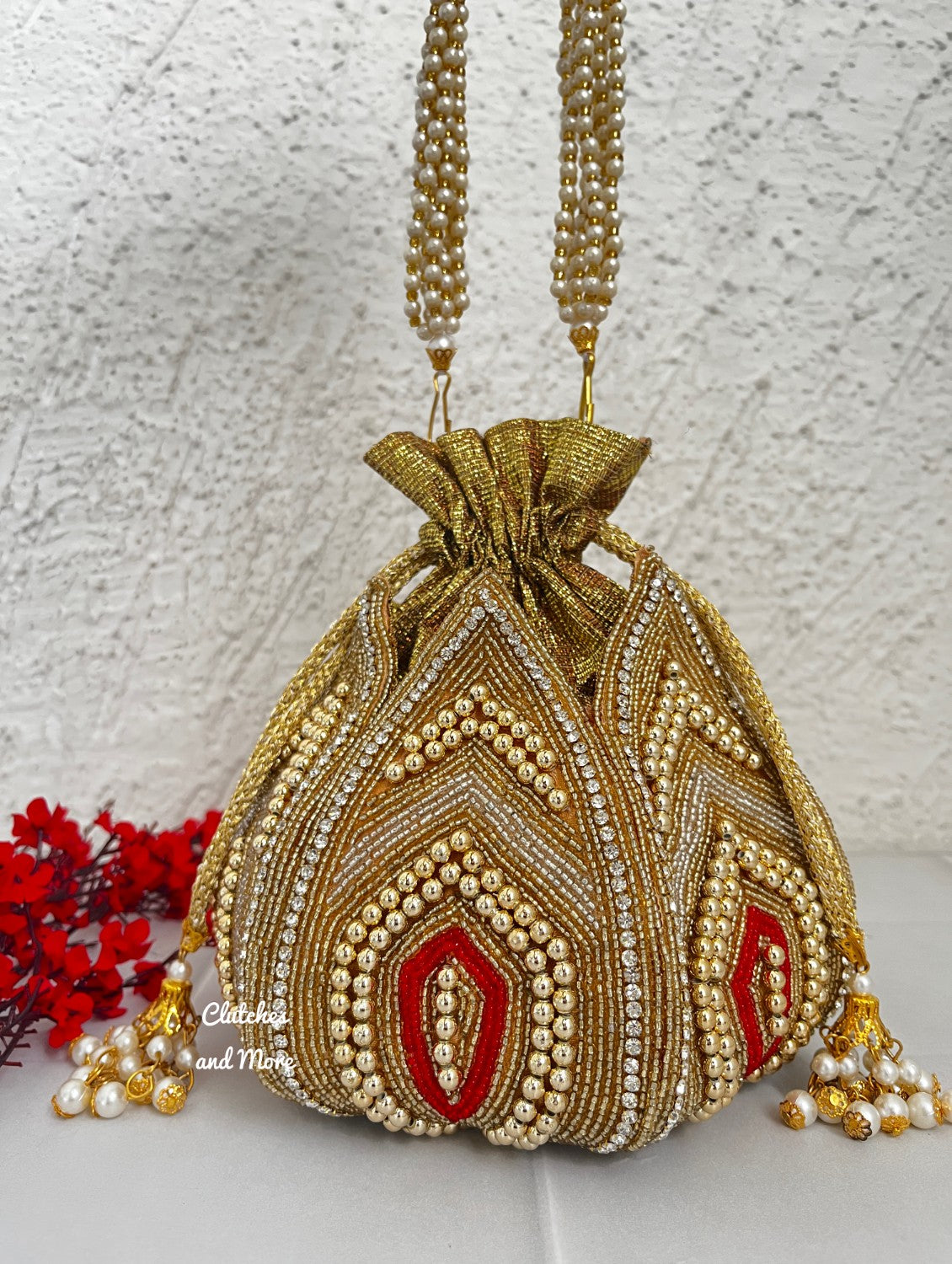 Gold Beaded lotus potli