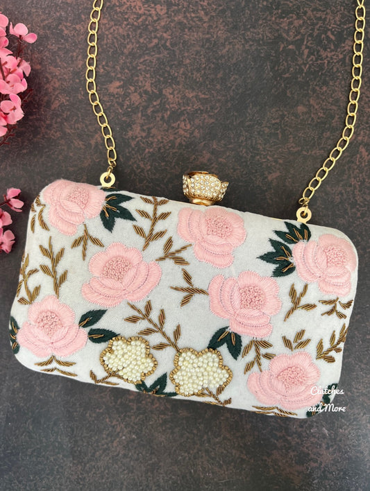 Pink Roses White Clutch