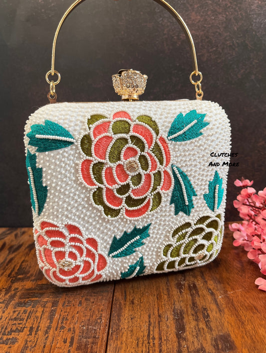 White Floral Square Clutch