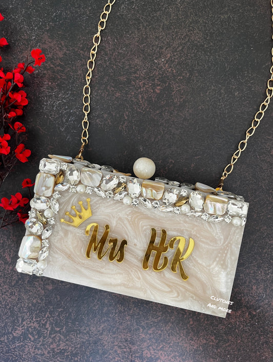 White resin clutch with Name