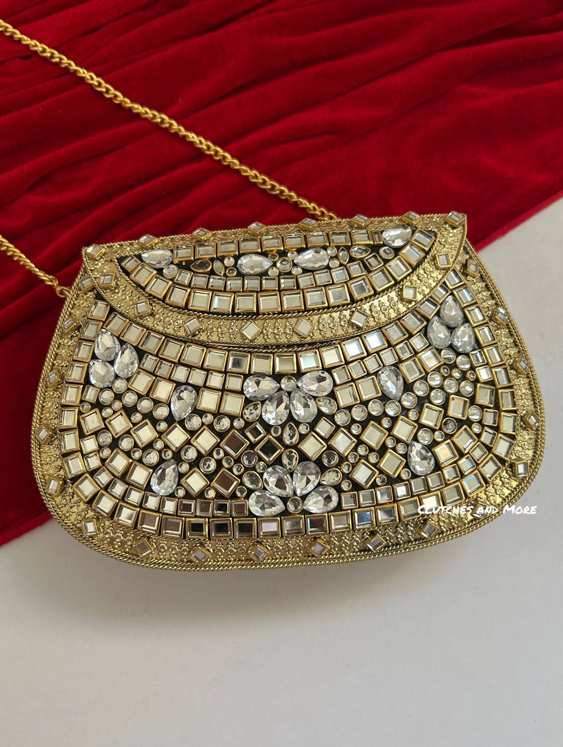 Kasika Kundan Brass Clutch Gold white