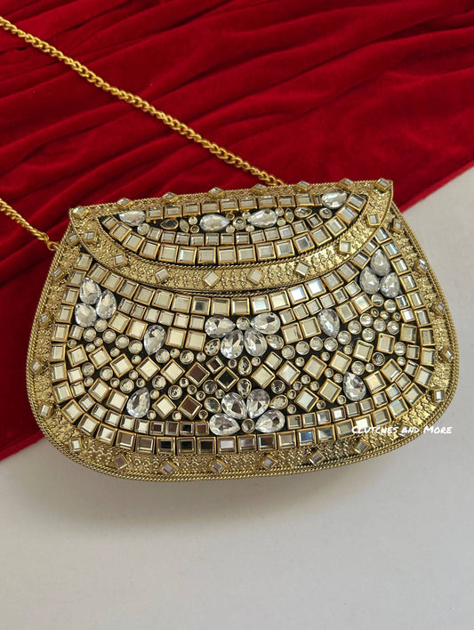 Kasika Kundan Brass Clutch Gold white