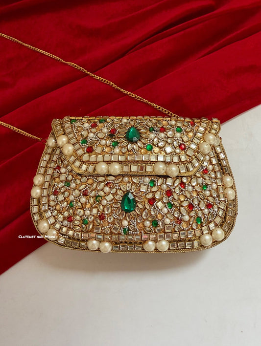 Kasika Kundan Brass Clutch Pearl Multicolored