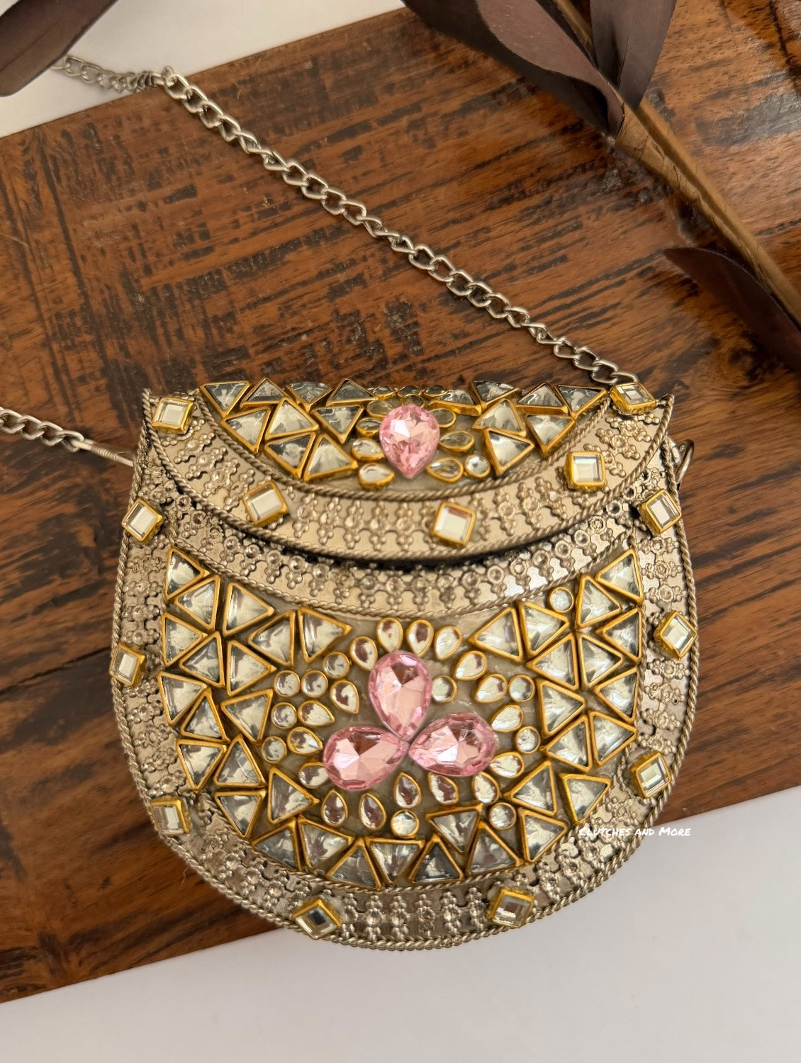 Kasika Kundan Brass Clutch Mini Silver Pink