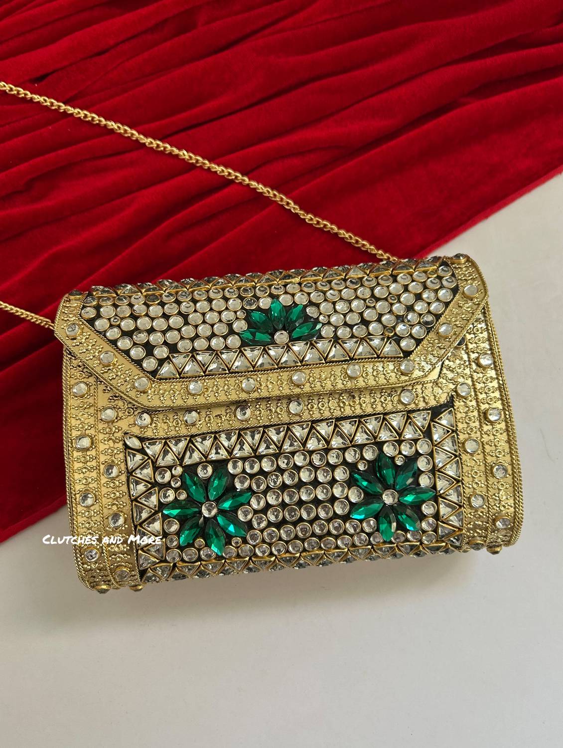Kasika Kundan Brass Clutch Gold Green