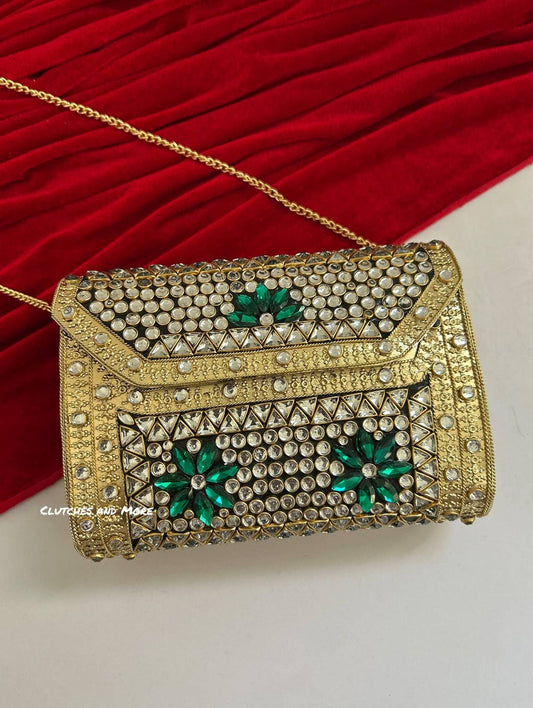 Kasika Kundan Brass Clutch Gold Green