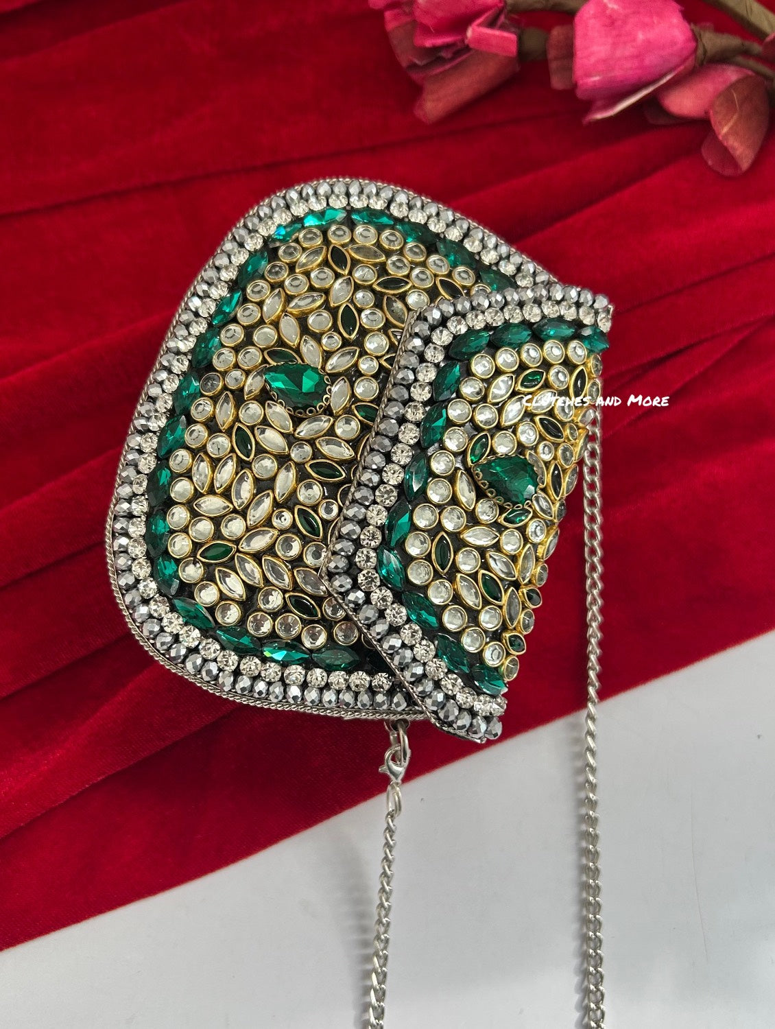 Kasika Kundan Brass Clutch Mini Silver Green
