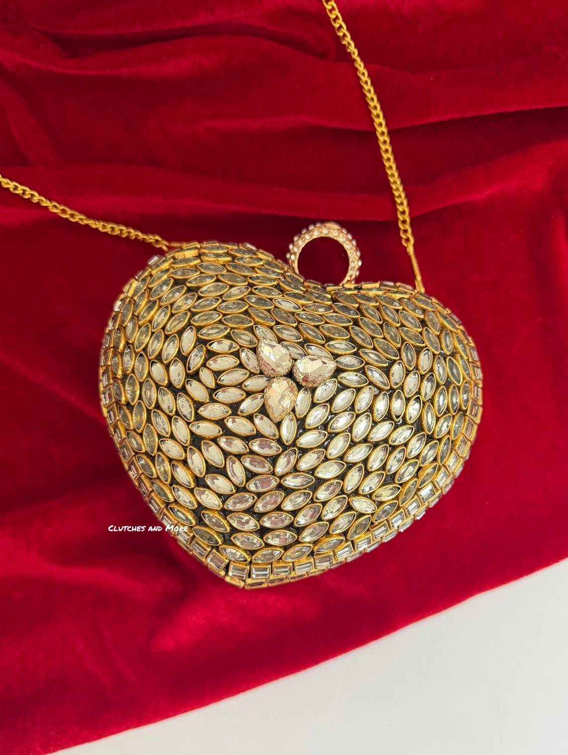 Kiana Kundan Heart Clutch Mini Nude Gold