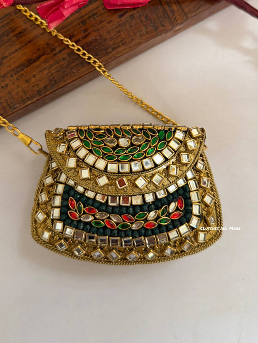 Kasika Kundan Brass Clutch Mini Multicoloured