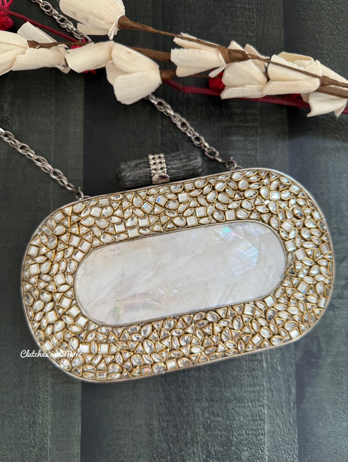 Aarvi Kundan Mother of pearl luxury clutch Silver Gold