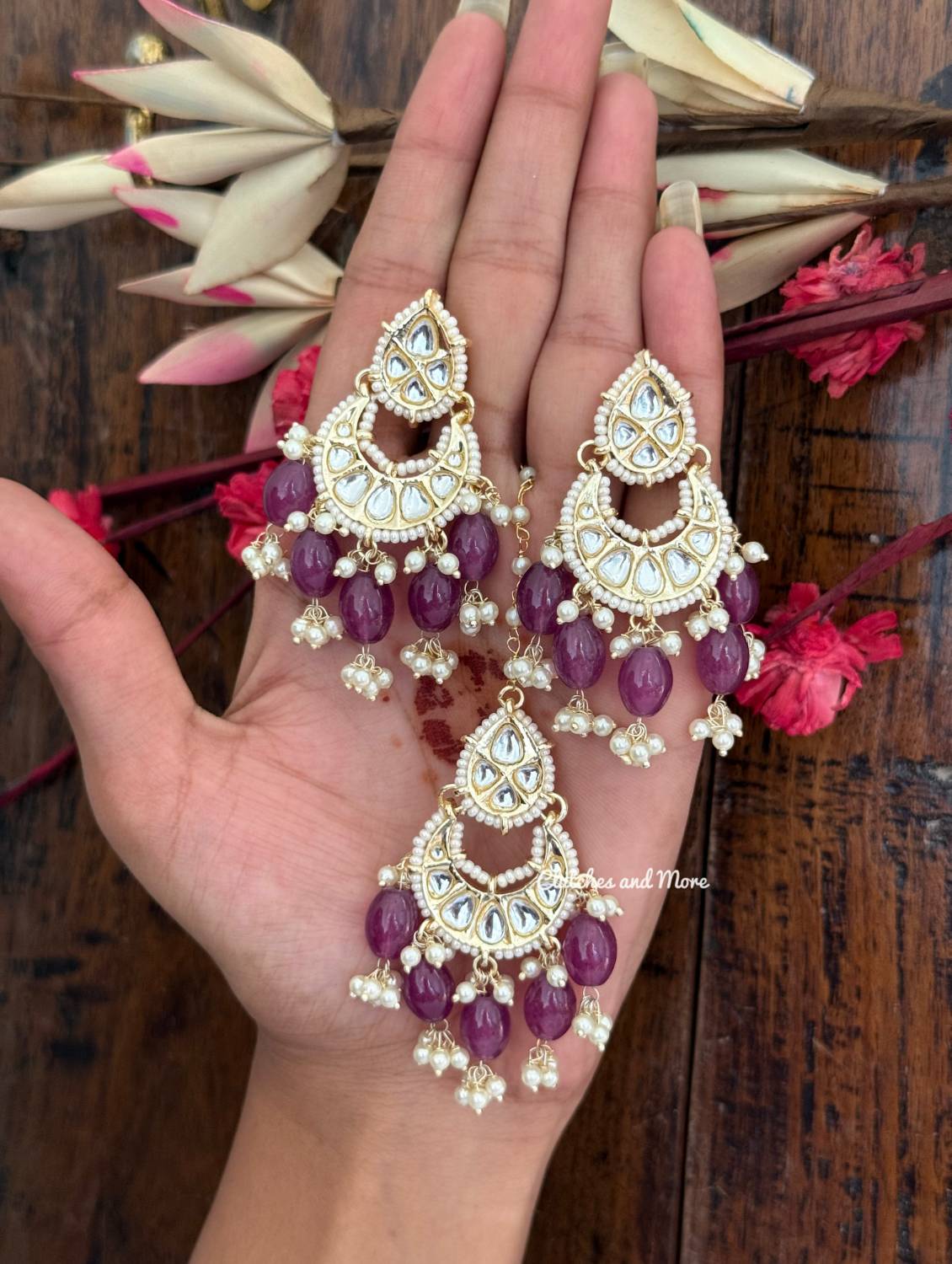 Kundan Chanbali Earrings and Mangtika Set Deep Lavender