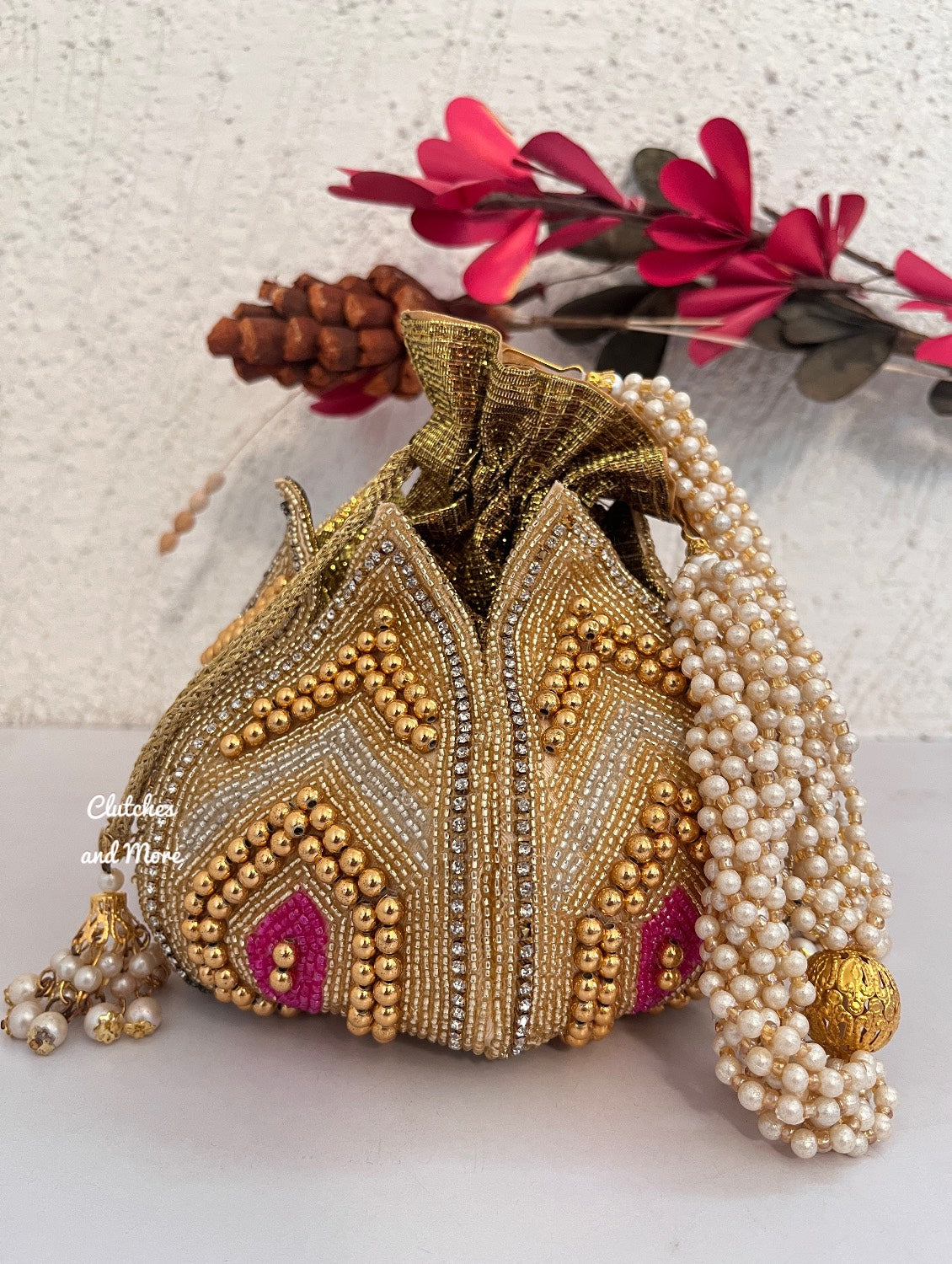 Gold Beaded lotus potli