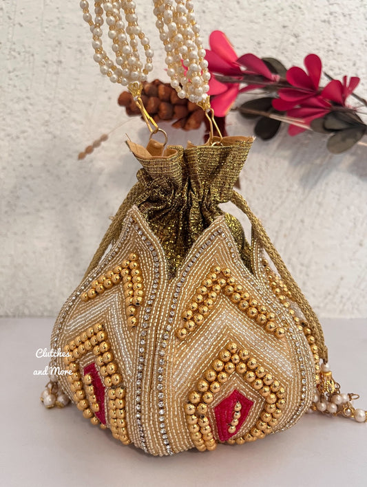 Gold Beaded lotus potli