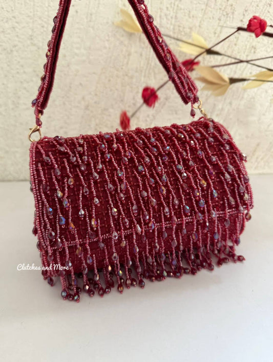 Amber Crystal Flap Bag Maroon