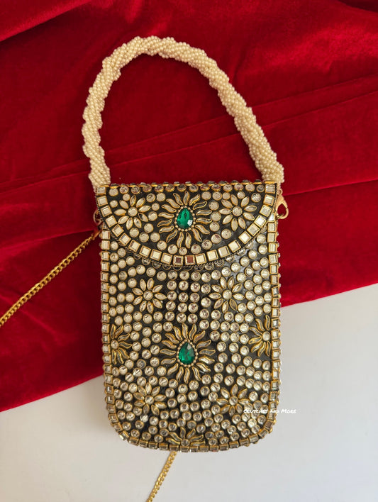 Kasika Kundan Mobile Bag Green Gold