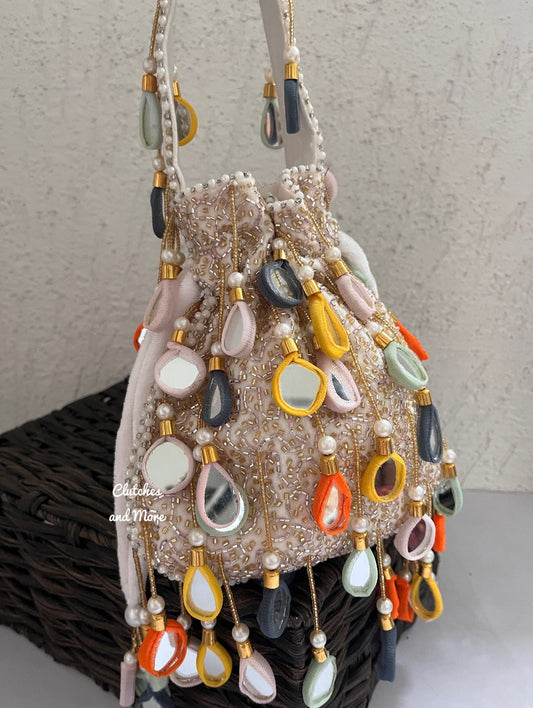 Manya Mirror Tassel Potli Multicoloured (white base)