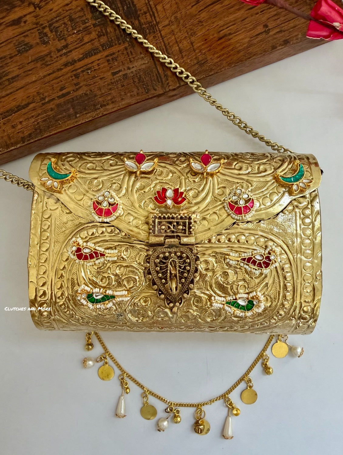 Jharoka Kundan Brass Clutch Gold