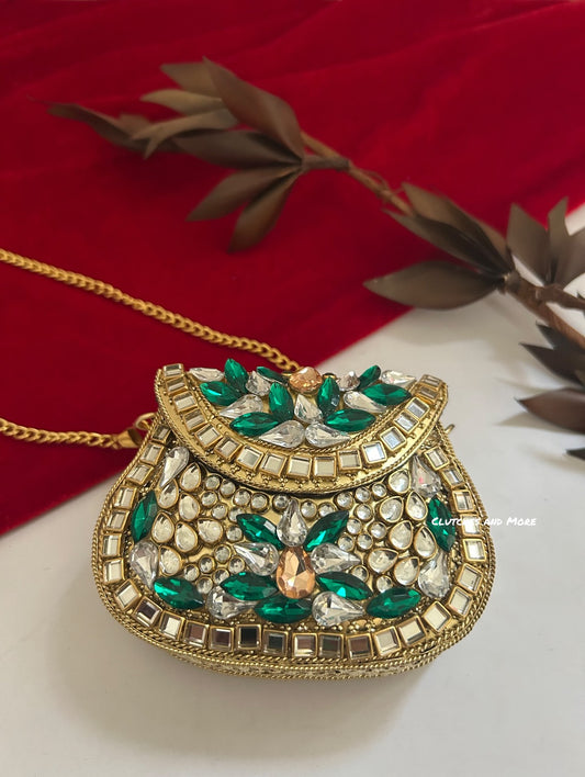 Kasika Kundan Brass Mini Clutch Green