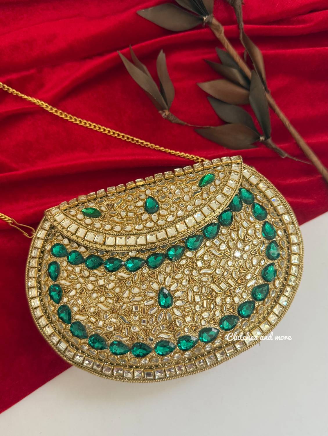 Kasika Kundan Brass Clutch Gold Green