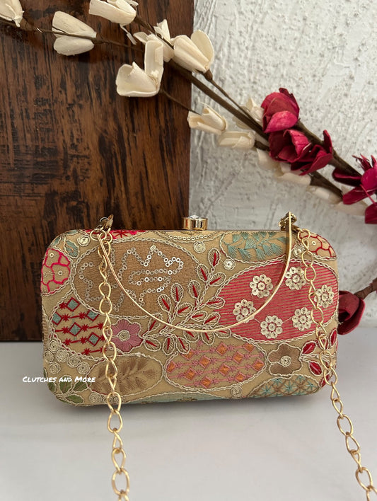 Lakhnawi Chikankari Bag Gold Rectangle