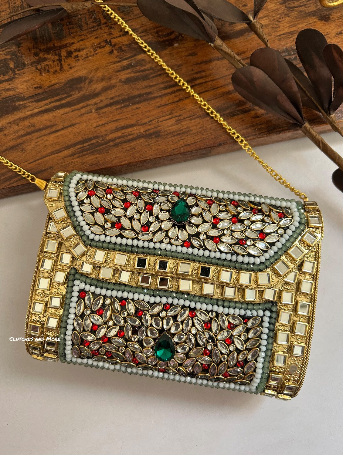 Kasika Kundan Brass Clutch Multicolored