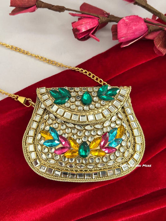 Kasika Kundan Brass Mini Clutch Multicolored